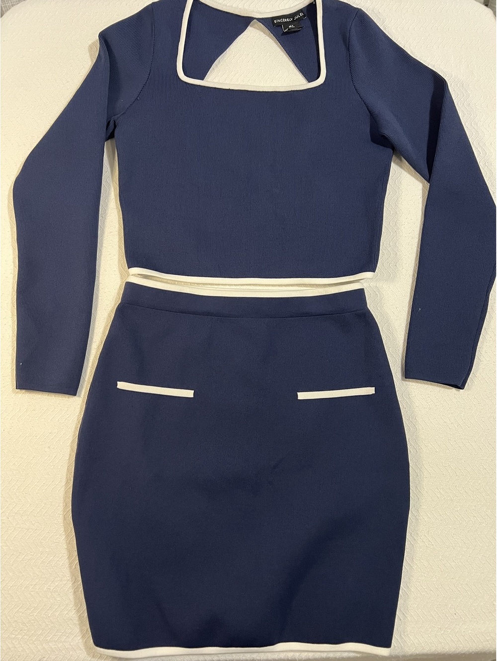 Sincerely Jules Navy Blue Two-Piece Skirt and Crop Top Set with White Trim